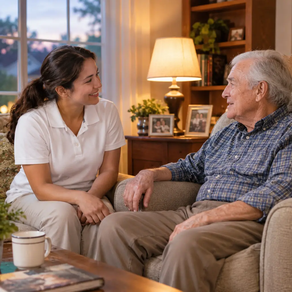 24-Hour Home Care in Columbia SC caregiver talking with senior man at home