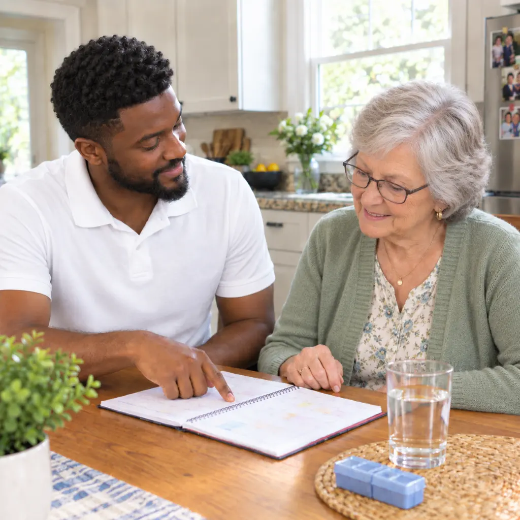 Health Reminders in Columbia, SC caregiver reviewing a schedule with a senior woman