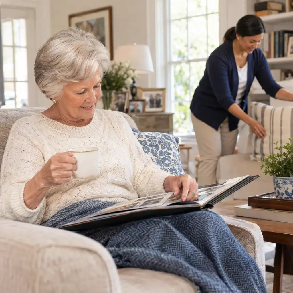 Older woman enjoying coffee and a family photo album at home while a caregiver provides in-home care in Columbia, SC