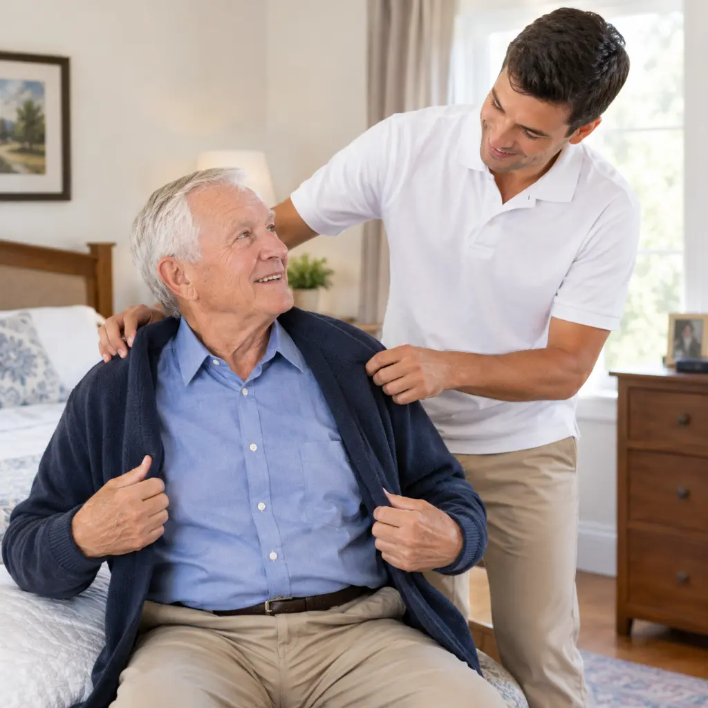 Male caregiver assisting senior man with personal care services in Columbia SC