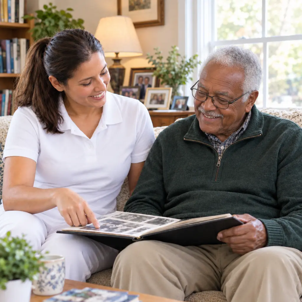 Respite care Columbia SC caregiver helping senior man look through a photo album